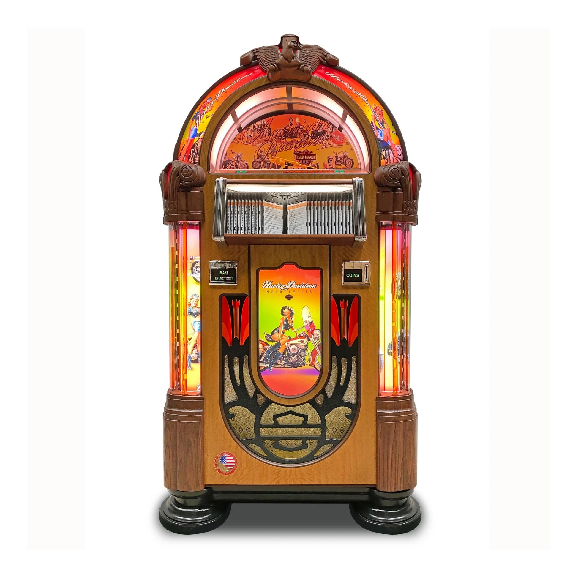 Vintage-style jukebox with colorful display on a white background