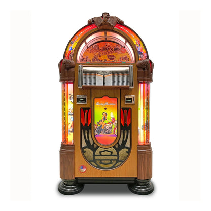 Vintage-style jukebox with colorful display on a white background