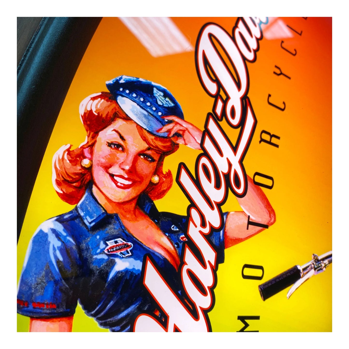 Vintage-style advertisement with a woman in a blue uniform and cap, featuring the Harley-Davidson logo.