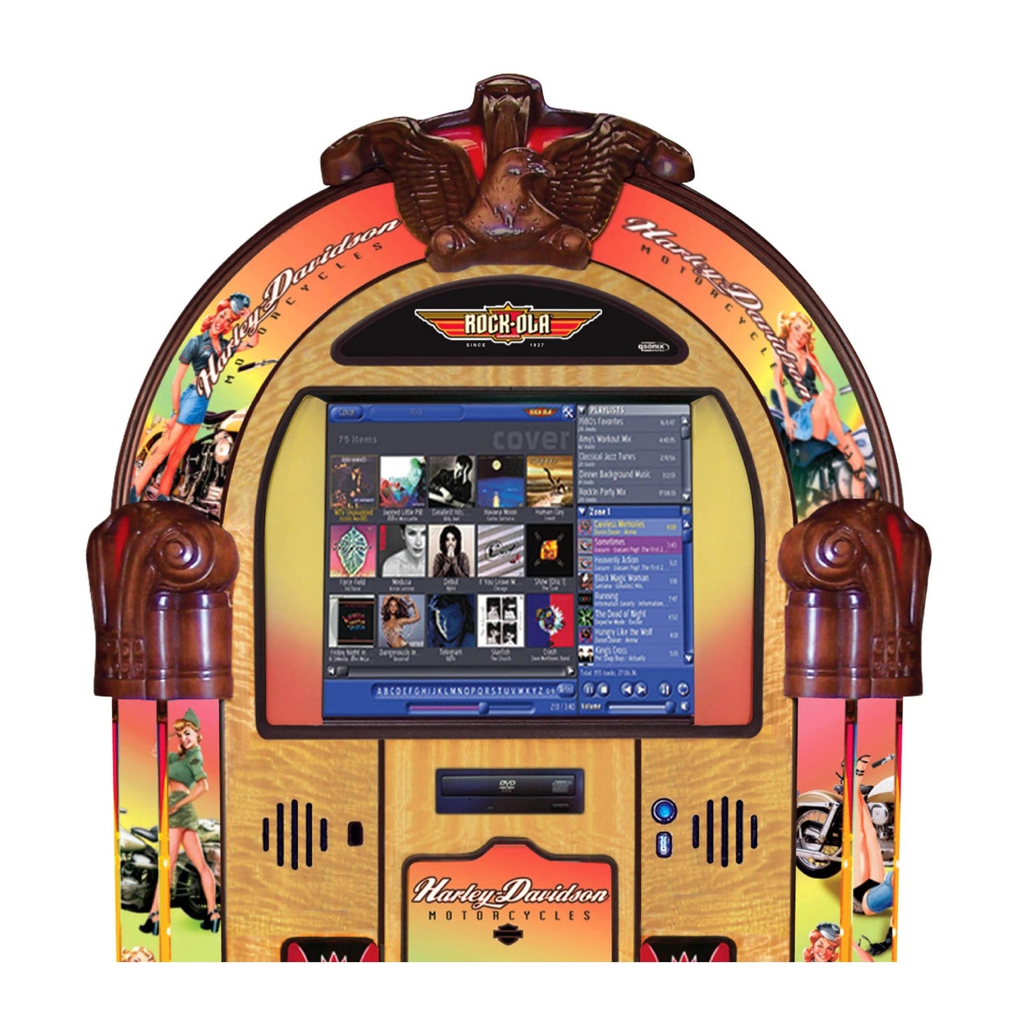 Modern jukebox with digital screen featuring Harley Davidson branding on a white background