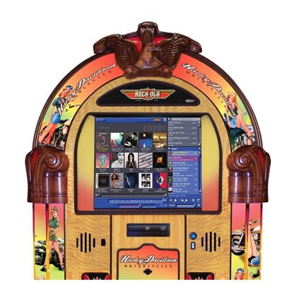 Modern jukebox with digital screen featuring Harley Davidson branding on a white background