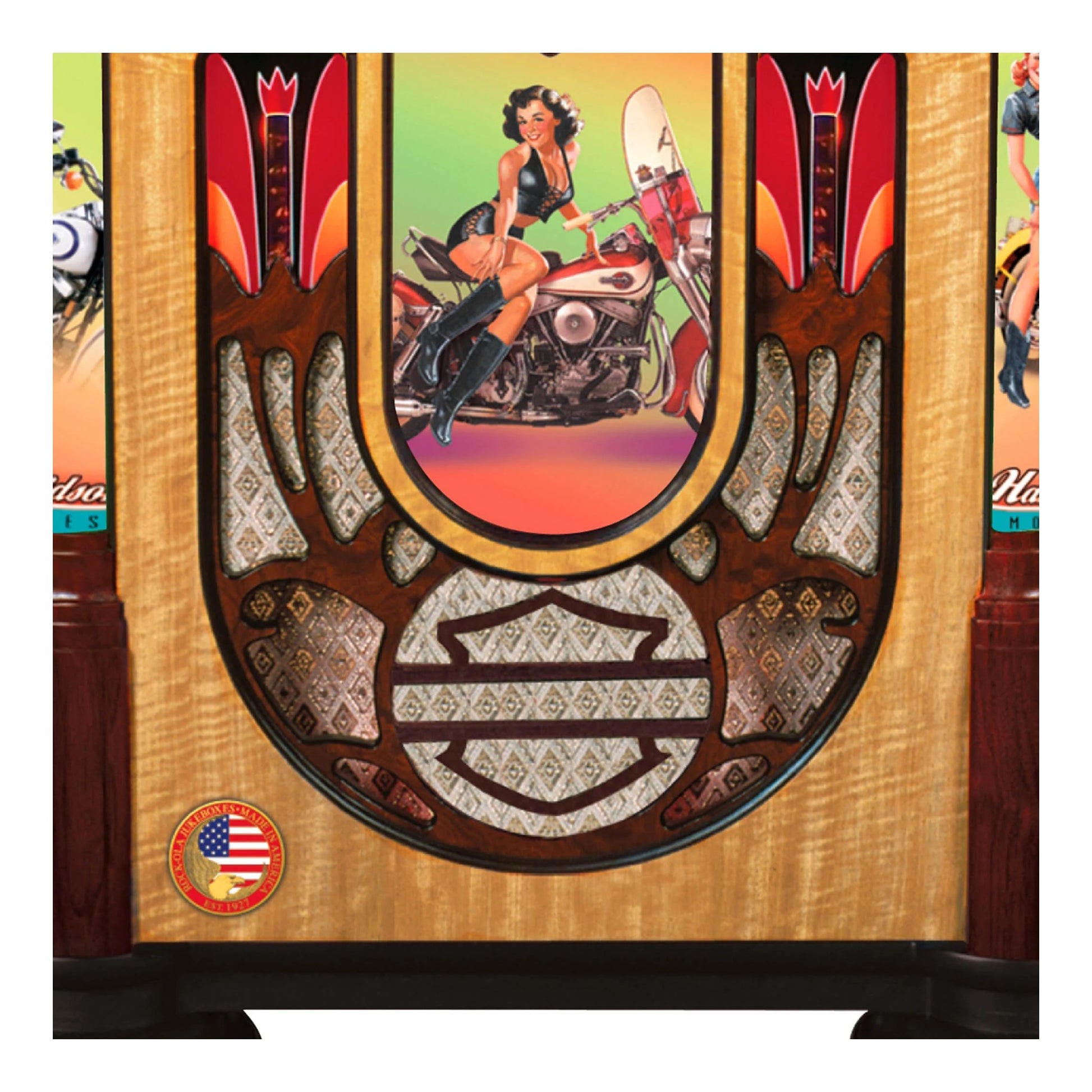 Decorative wall art with a woman on a motorcycle and American flag emblem.