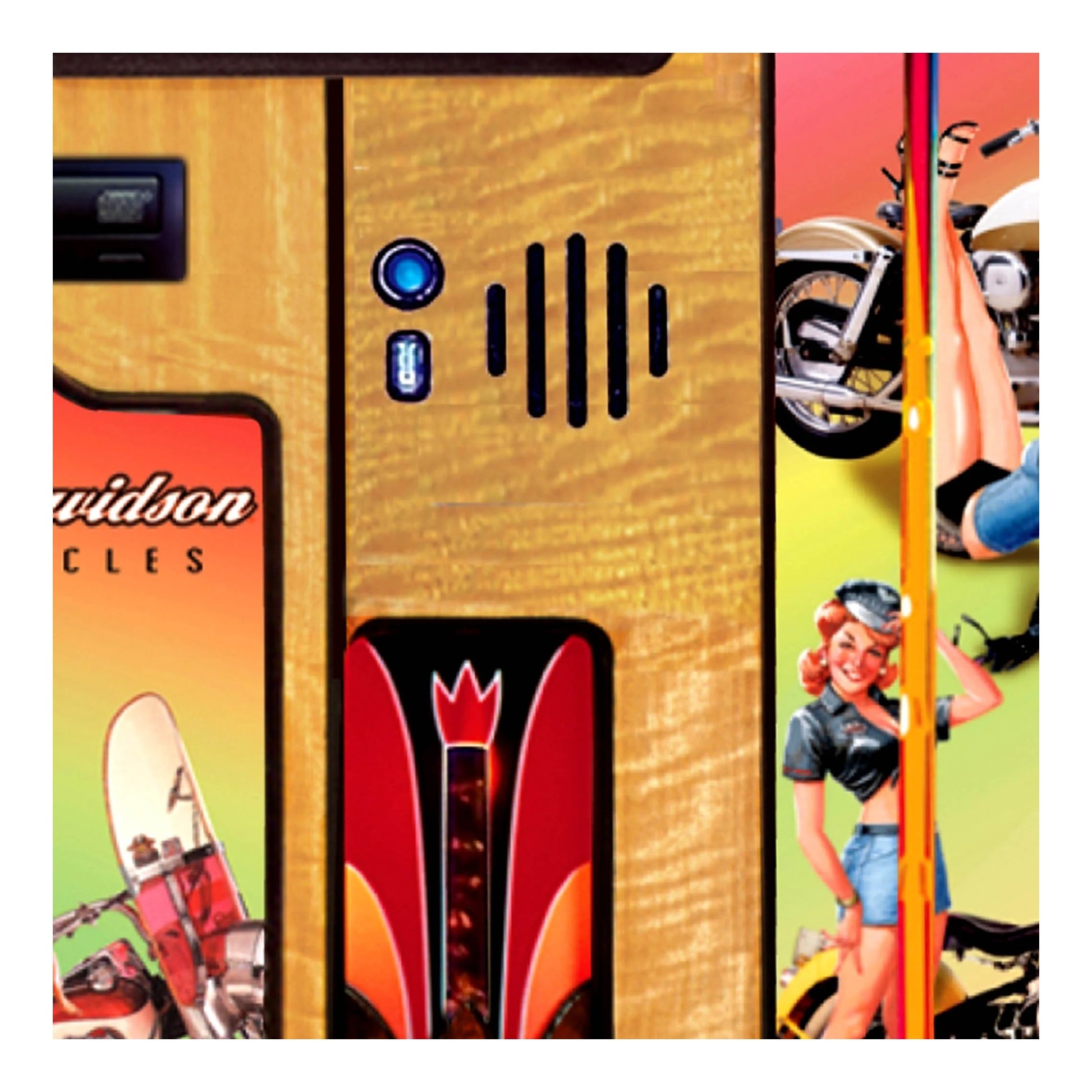 Close-up of a wooden product with colorful graphics and text, featuring a brand logo.