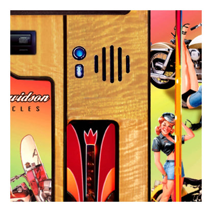 Close-up of a wooden product with colorful graphics and text, featuring a brand logo.