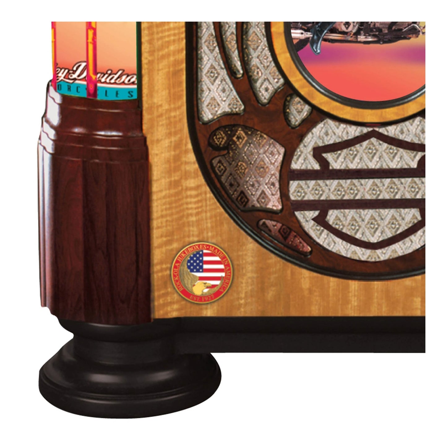 Close-up of a Harley-Davidson product with wooden finish and American flag emblem.