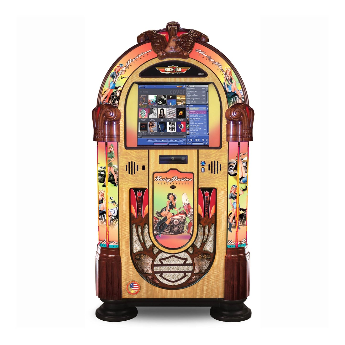Colorful vintage-style jukebox with a screen on a white background
