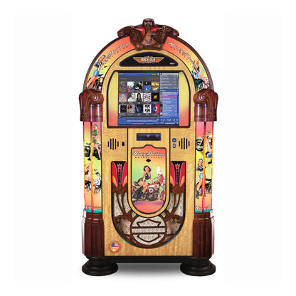 Colorful vintage-style jukebox with a screen on a white background