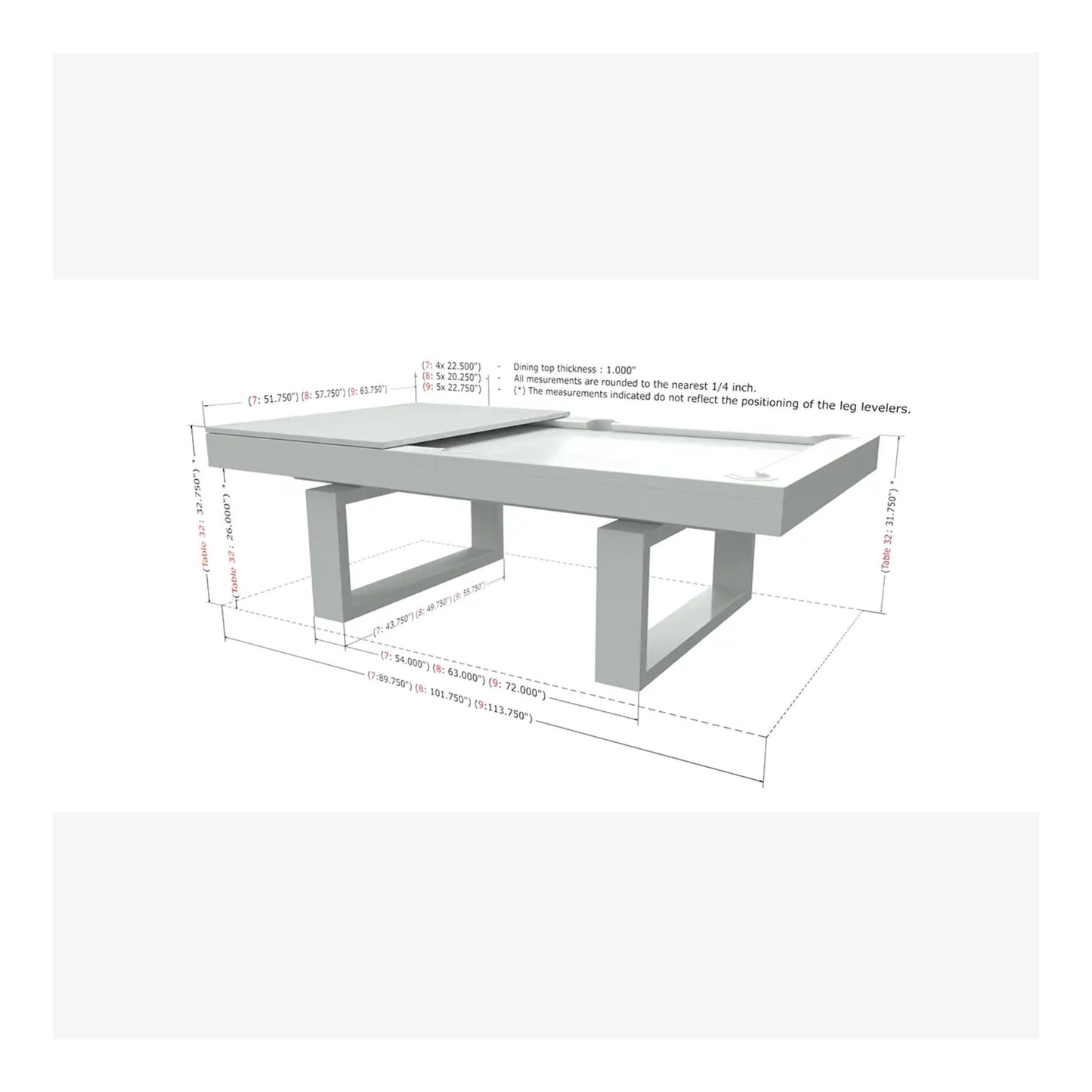 A technical diagram showing the dimensions for an 8-foot pool table, indicating a playing surface of 44 inches by 88 inches.