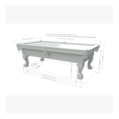 A technical diagram showing the dimensions and specifications for the Banff pool table to ensure proper room fit.