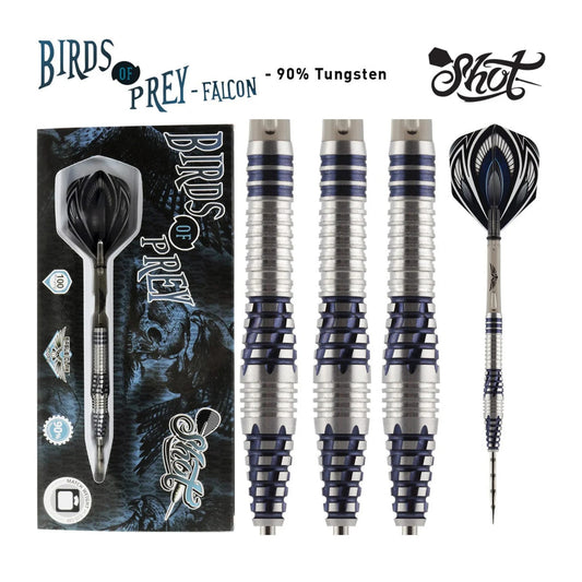 A complete set of three Shot Birds of Prey Falcon 90% tungsten darts, showing the Swift Blue PCT coating, Eagle Claw shafts, and Falcon flights.