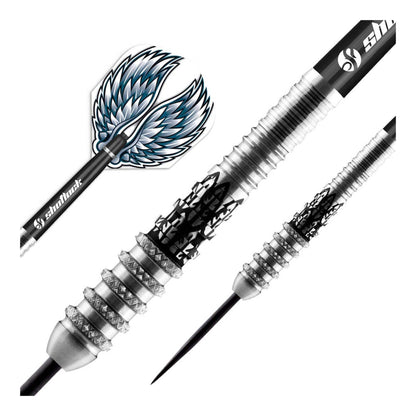 A macro close-up of the Kite dart barrel, highlighting the three-zone grip, including the razor knurl, pyramid grip, and laser-etched Cinder Grip feather.