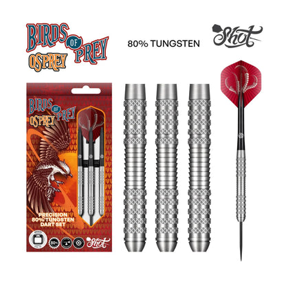 A complete set of three Shot Birds of Prey Osprey 80% tungsten darts, shown with silver aluminum shafts and Osprey standard flights.