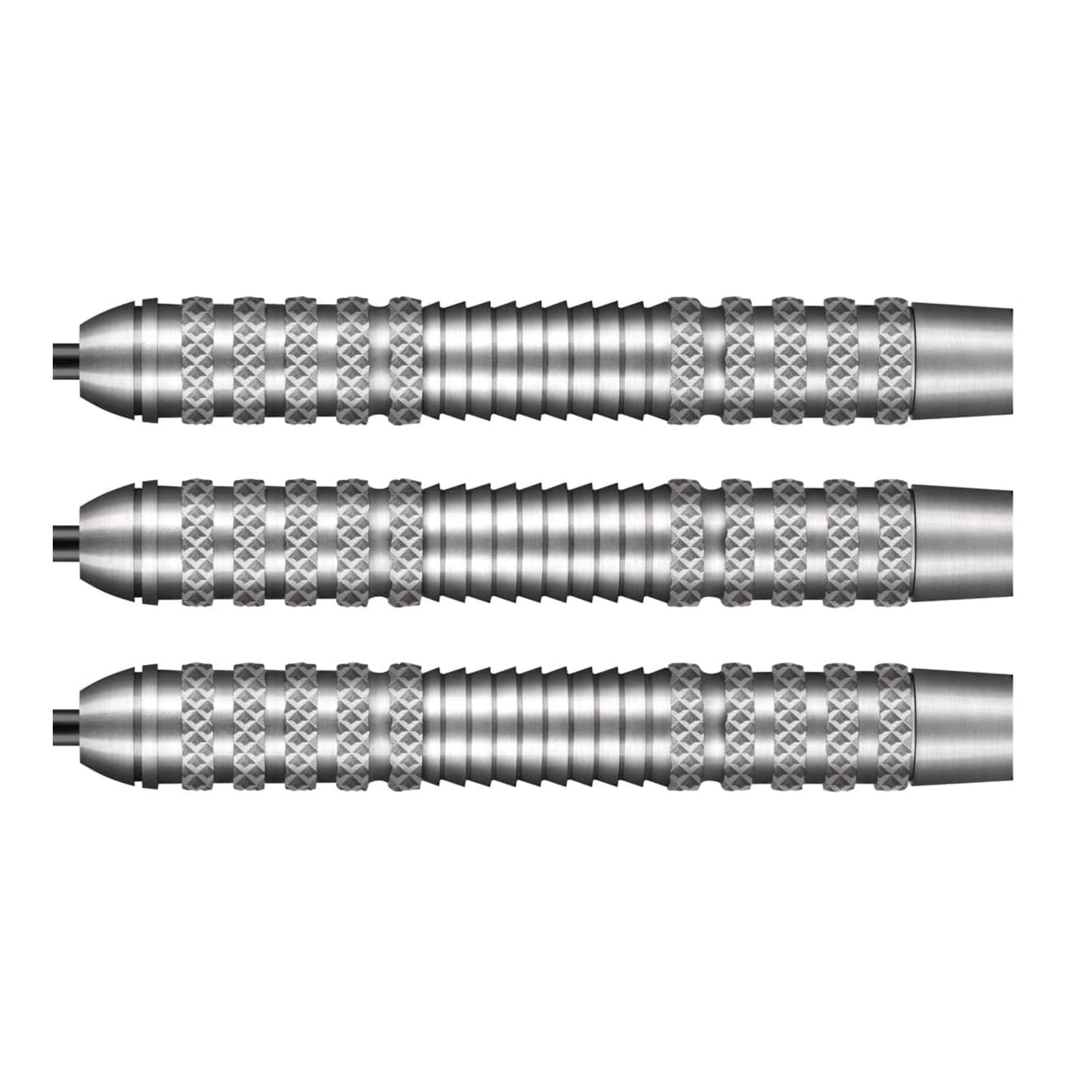 A close-up of three Osprey 80% tungsten dart barrels, highlighting the 5/5 maximum grip from the precision knurl and central shark cuts.