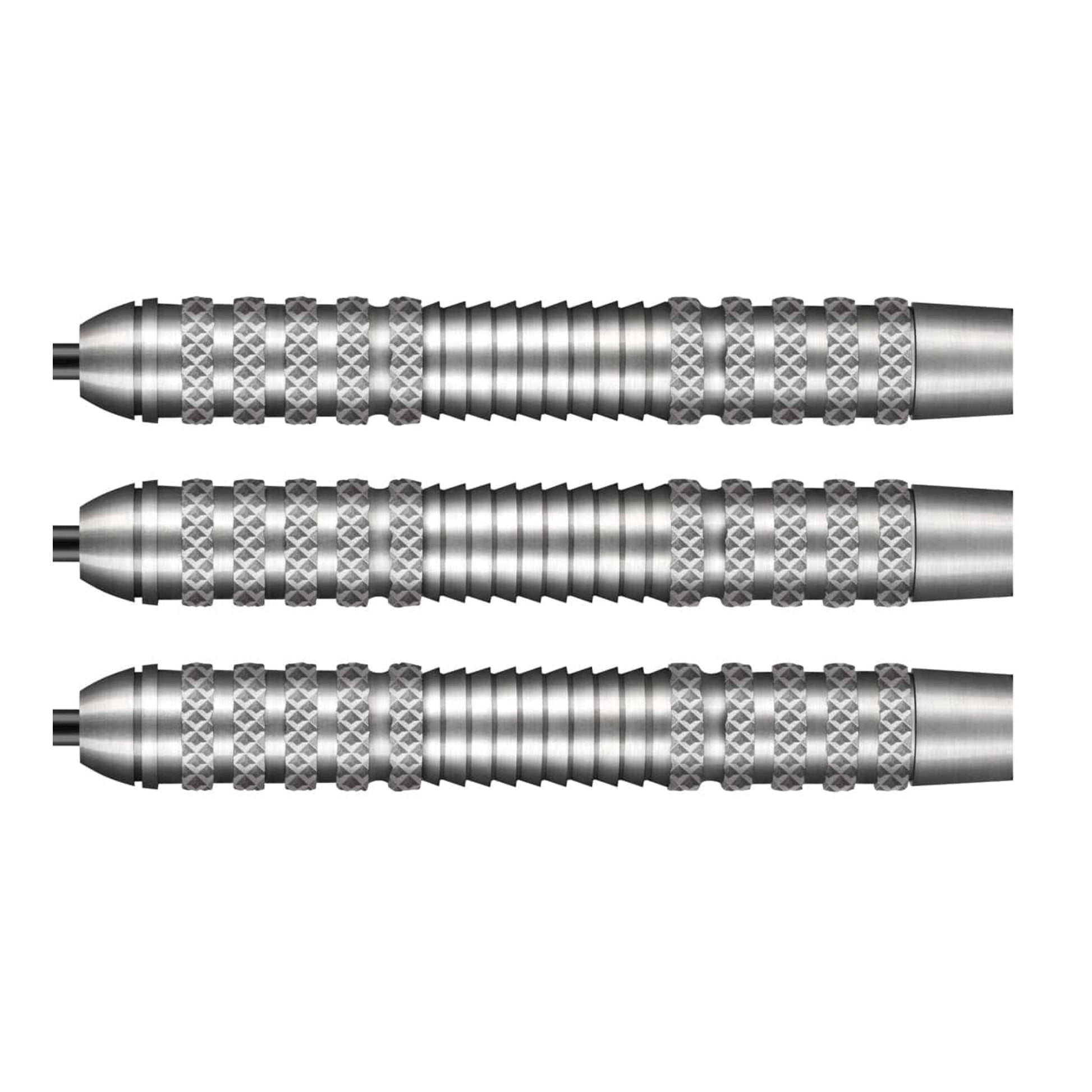A close-up of three Osprey 80% tungsten dart barrels, highlighting the 5/5 maximum grip from the precision knurl and central shark cuts.