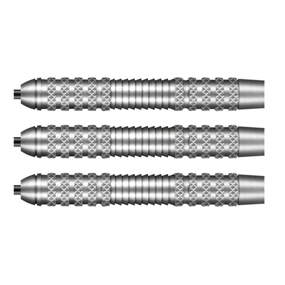 A close-up of three Osprey 80% tungsten dart barrels, highlighting the 5/5 maximum grip from the precision knurl and central shark cuts.