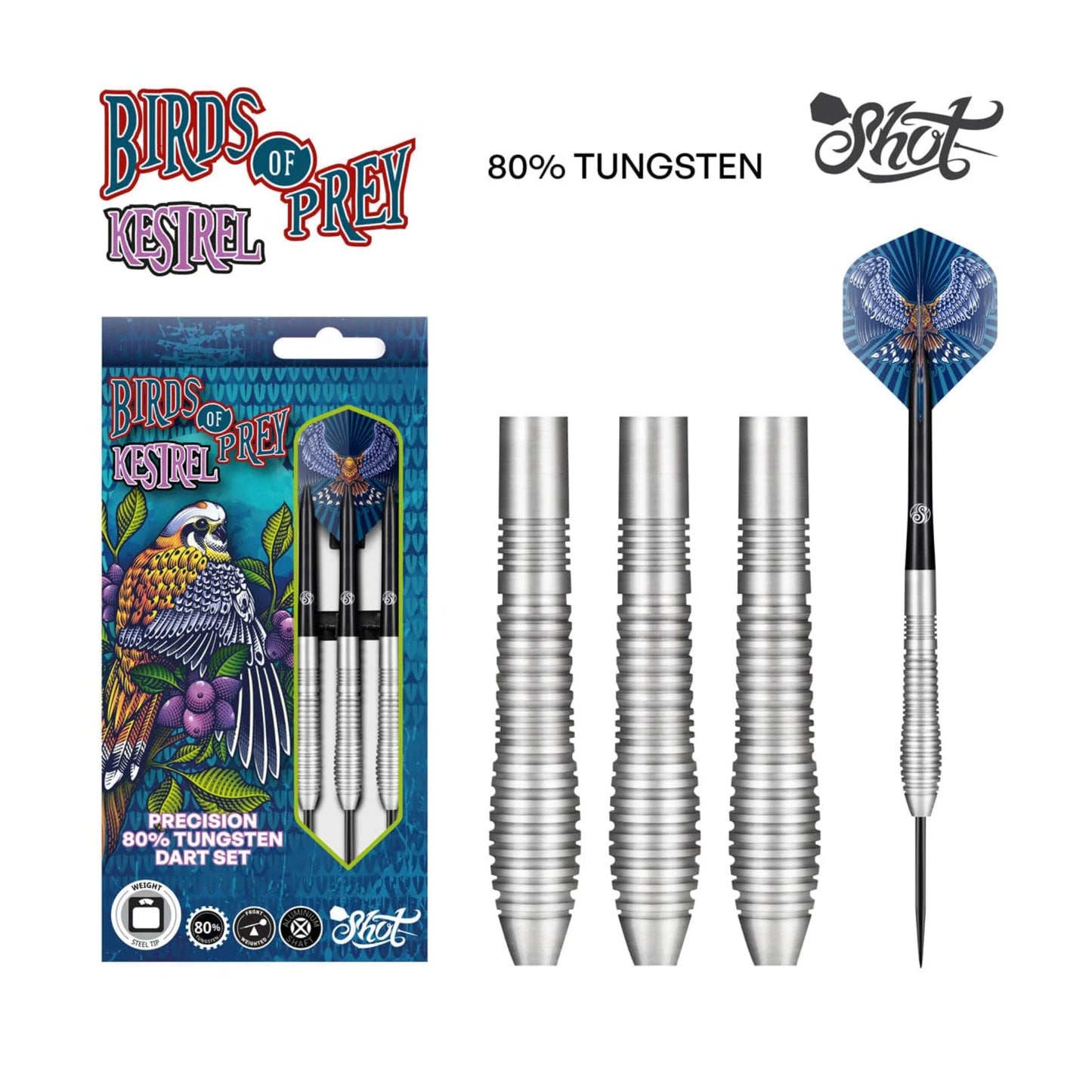 A complete set of three Shot Birds of Prey Kestrel 80% tungsten darts, shown with medium aluminum shafts and standard Kestrel flights.