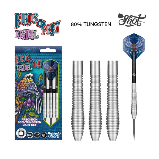 A complete set of three Shot Birds of Prey Kestrel 80% tungsten darts, shown with medium aluminum shafts and standard Kestrel flights.