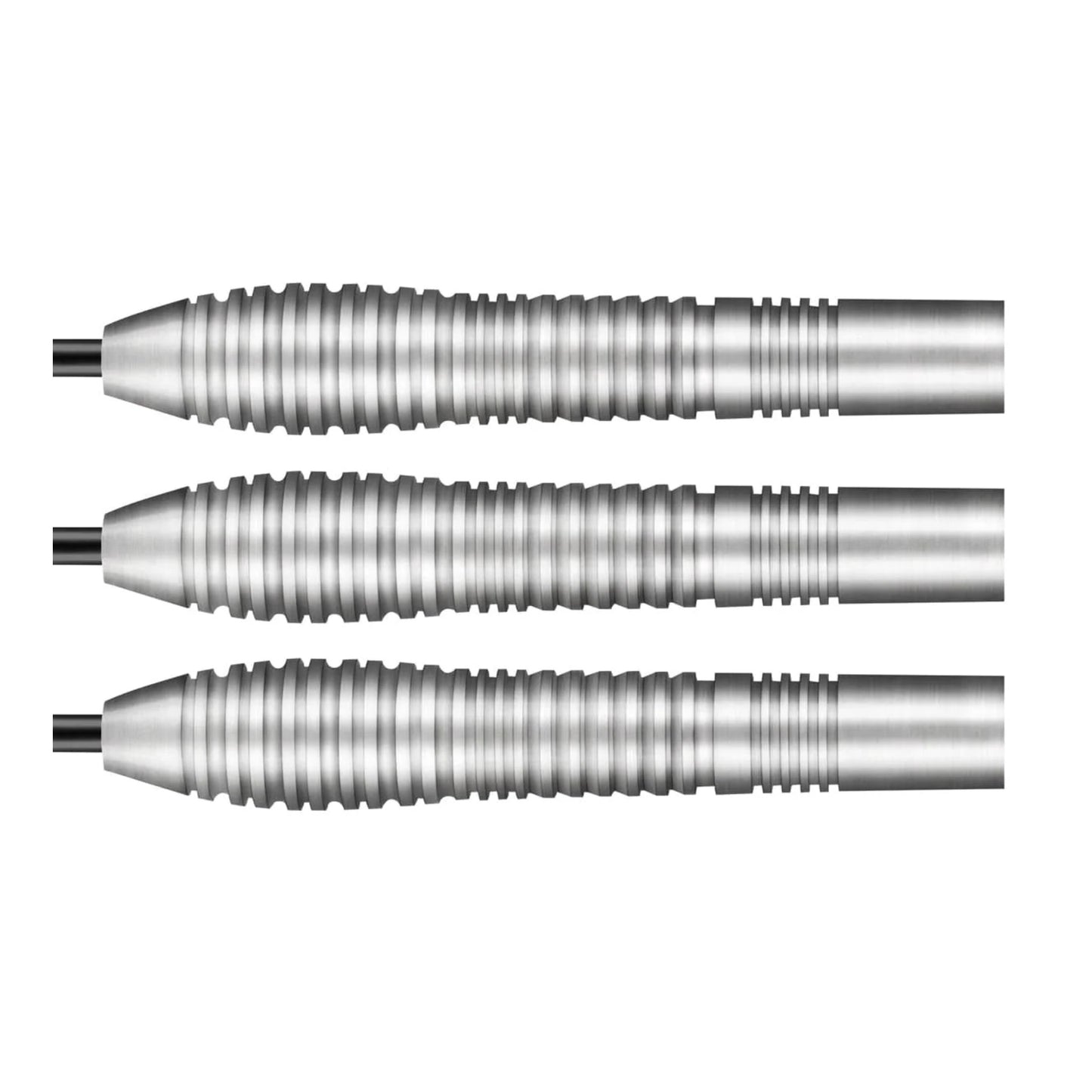 A close-up of three Kestrel 80% tungsten dart barrels, highlighting the front-weighted shape, precision ring grip, and distinct front push point.