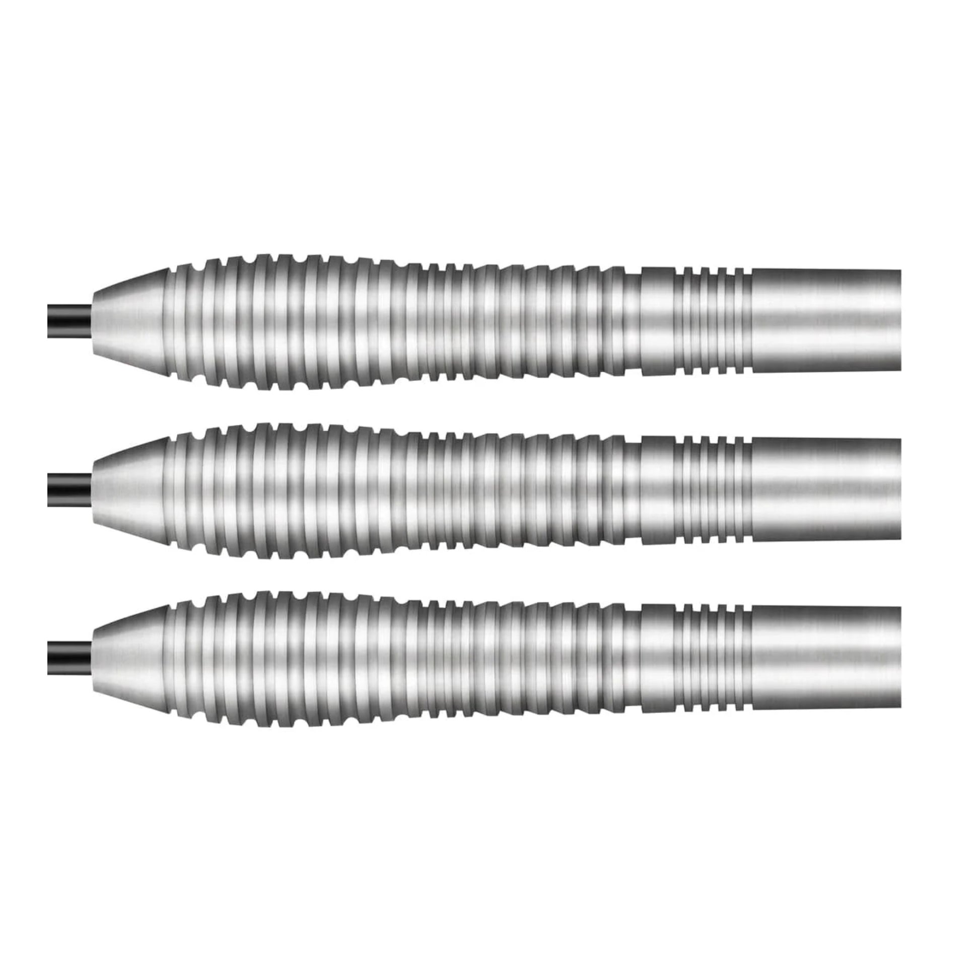 A close-up of three Kestrel 80% tungsten dart barrels, highlighting the front-weighted shape, precision ring grip, and distinct front push point.