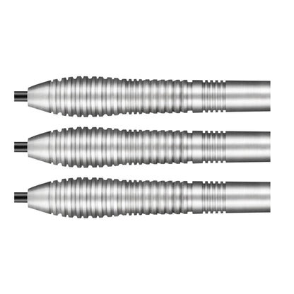 A close-up of three Kestrel 80% tungsten dart barrels, highlighting the front-weighted shape, precision ring grip, and distinct front push point.