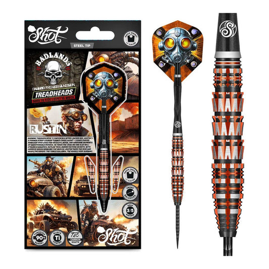 A complete set of three Shot Badlands Rustin 90% tungsten steel tip darts shown with orange and black flights and carbon shafts.