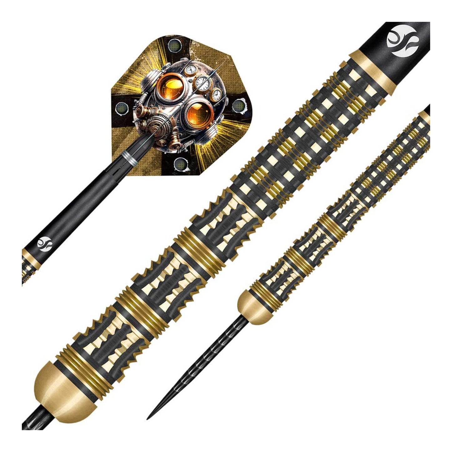 A close-up macro shot of the Badlands Sheriff dart barrel, detailing the two-zone crankshaft and turbo-vented grip matrix with its bronze titanium coating.