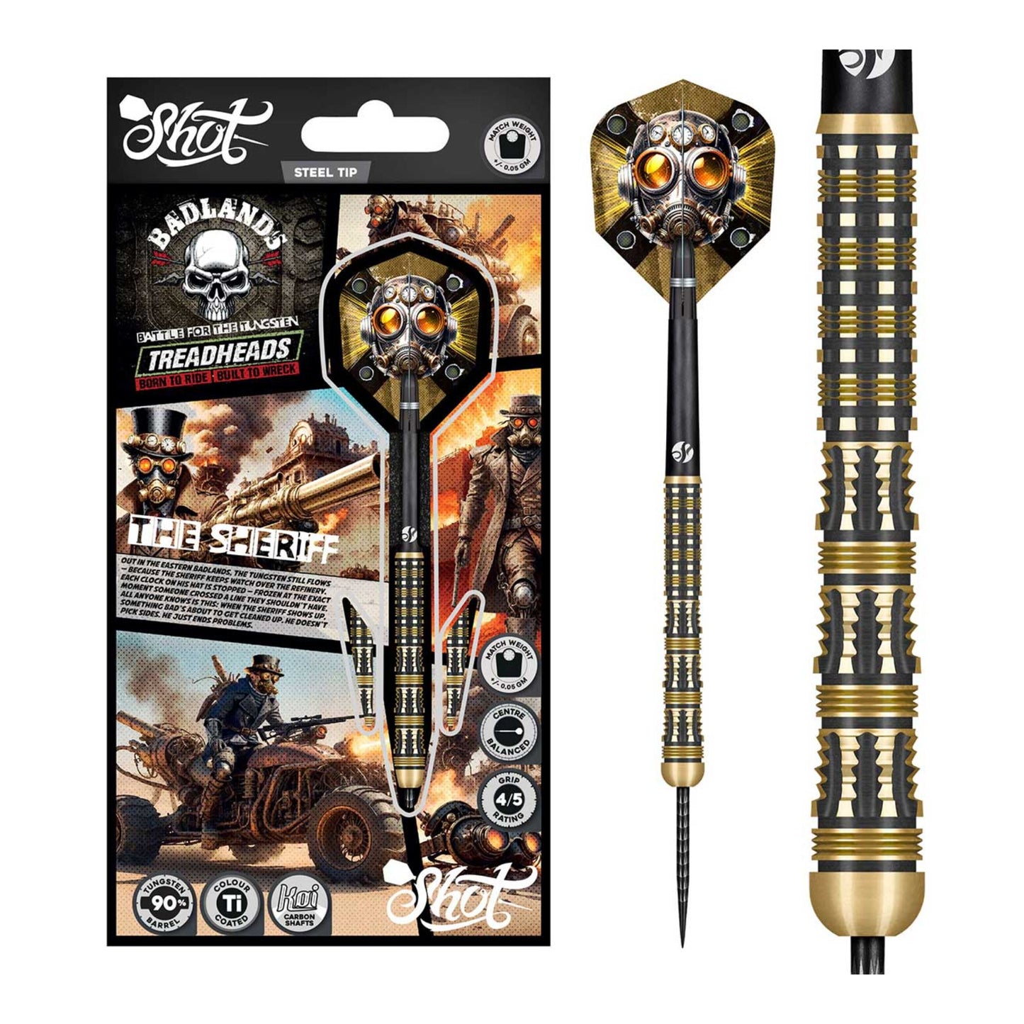 A complete set of three Shot Badlands The Sheriff 90% tungsten steel tip darts, showing the bronze coating, black Koi Carbon shafts, and matching flights.