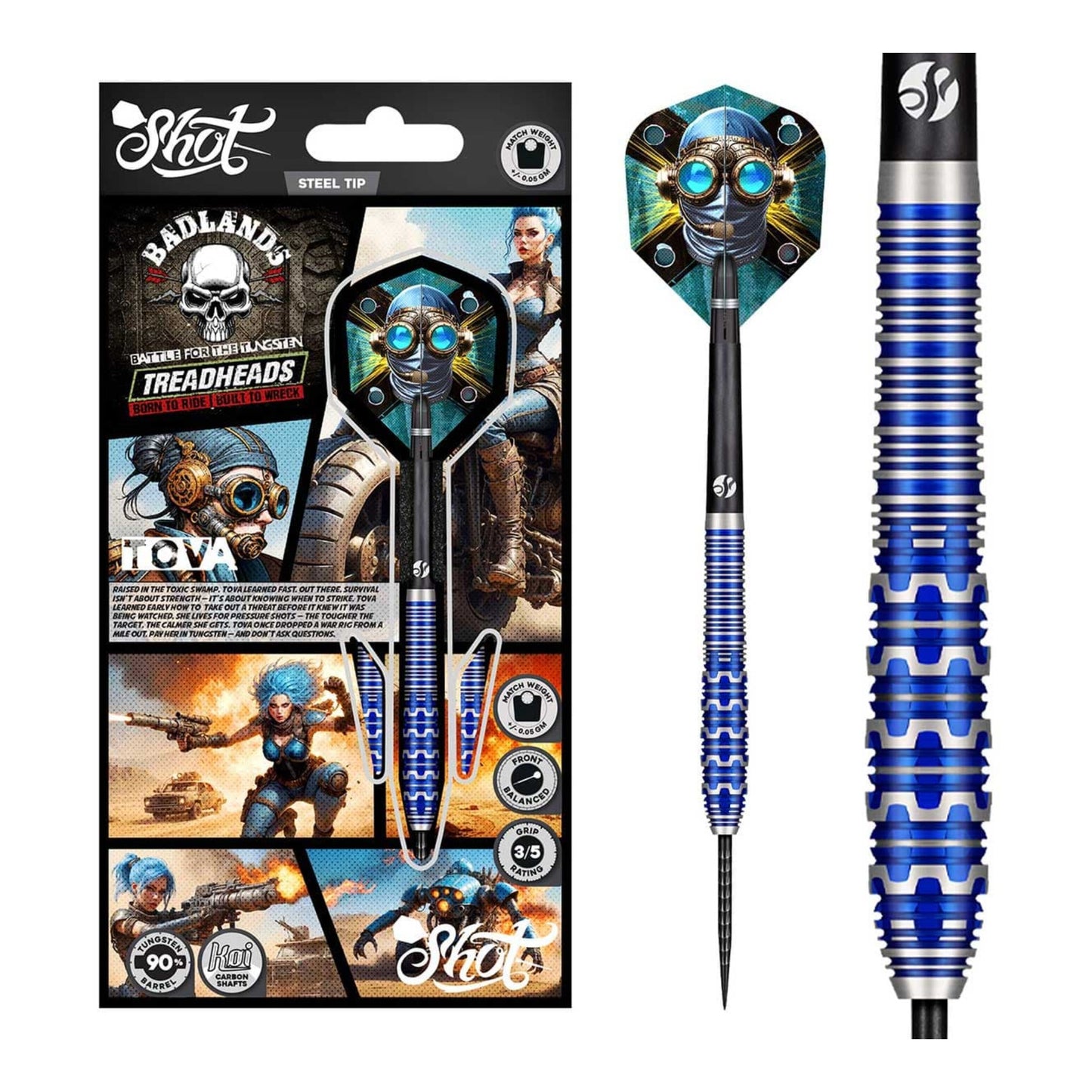 The Badlands Tova dart set presented in its official Shot Darts packaging, available at Kingston Billiards and Games.