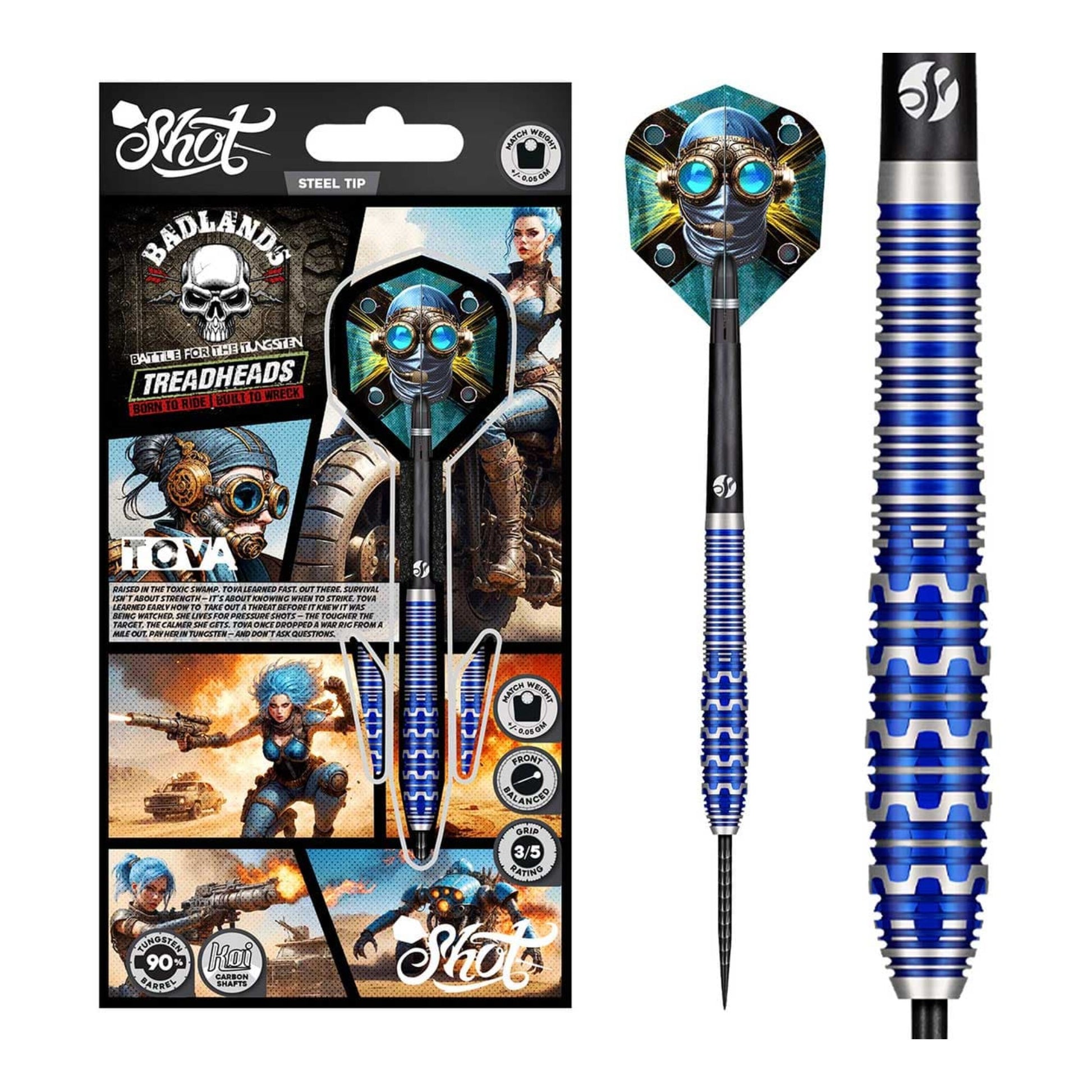 The Badlands Tova dart set presented in its official Shot Darts packaging, available at Kingston Billiards and Games.