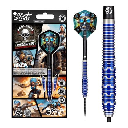 The Badlands Tova dart set presented in its official Shot Darts packaging, available at Kingston Billiards and Games.