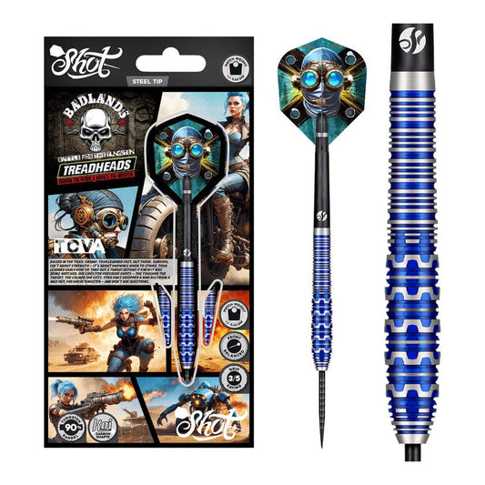 The Badlands Tova dart set presented in its official Shot Darts packaging, available at Kingston Billiards and Games.