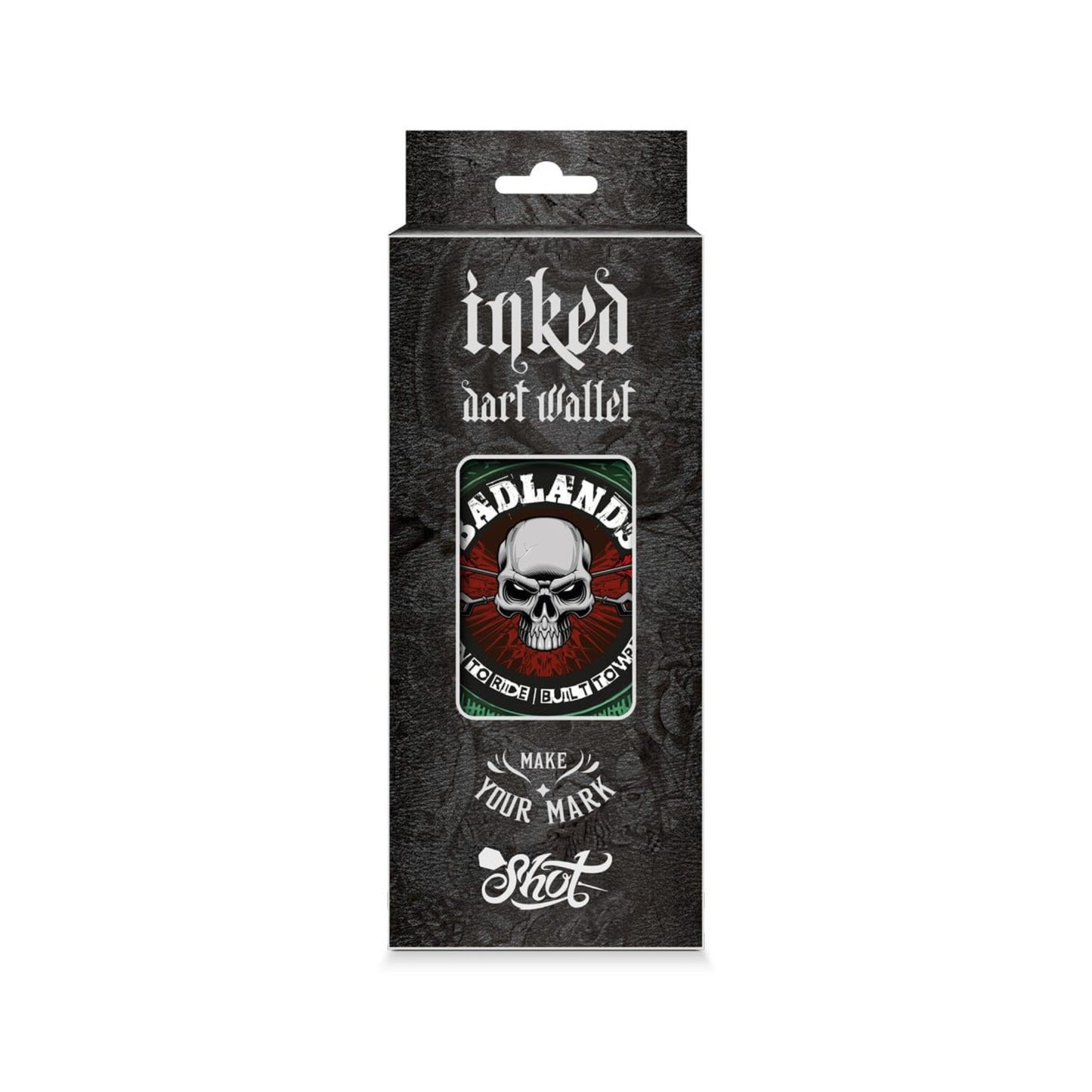 Product packaging box for the Badlands Inked Dart Wallet in Green