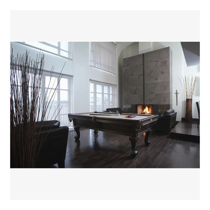 A side profile of the Banff pool table, highlighting the solid white birch rails and intricate Ball & Claw legs.