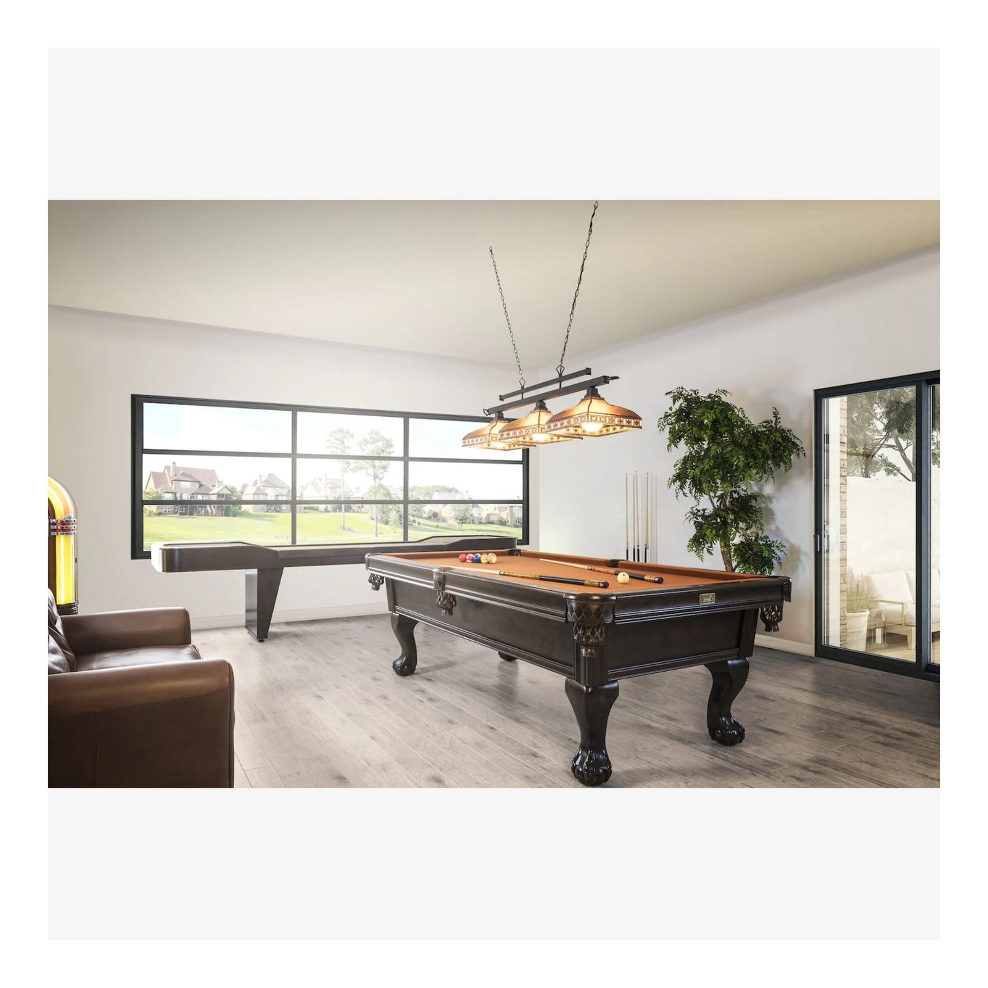 The Canada Billiard Banff pool table in a classic wood finish, shown in a modern game room setting.
