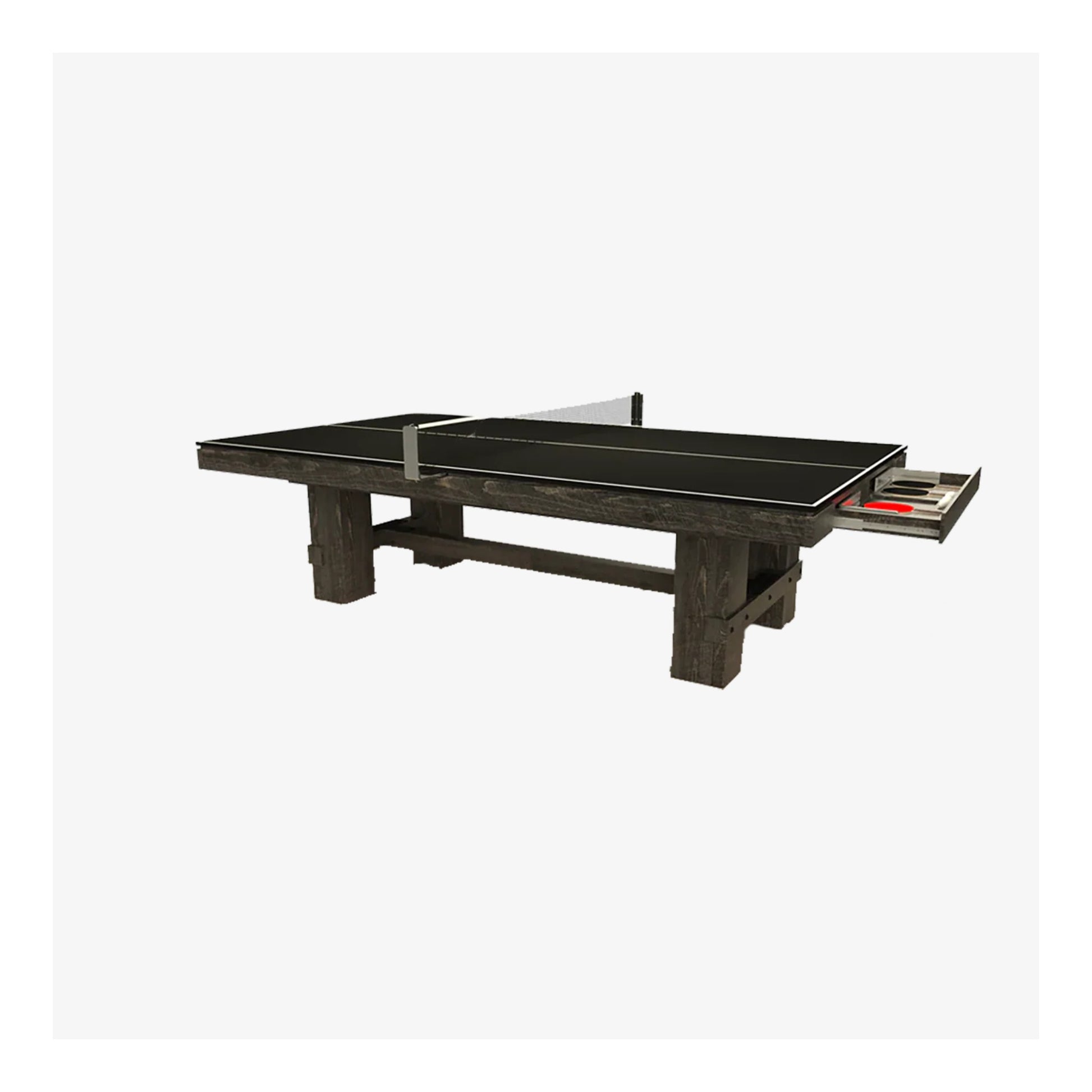 The "Barn" rustic solid wood ping pong table shown in a game room, highlighting its sturdy Red Pine frame and authentic barnwood-style finish.