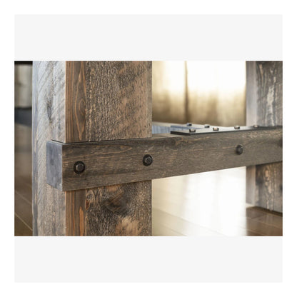 A close-up shot of the Barn pool table's corner, showing the leg construction and antique grey stain.