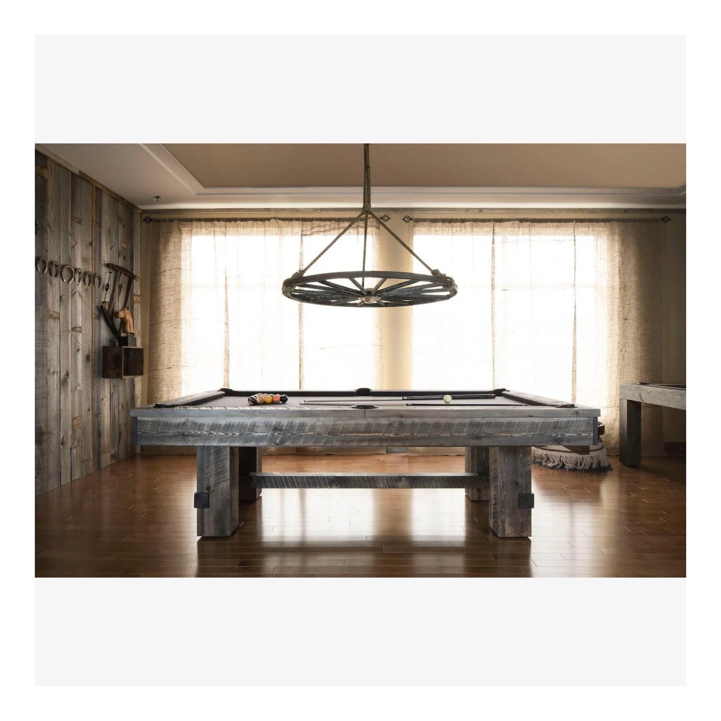 A side profile of the Barn pool table, highlighting the solid Red Pine wood grain and distressed finish.