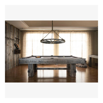 A side profile of the Barn pool table, highlighting the solid Red Pine wood grain and distressed finish.