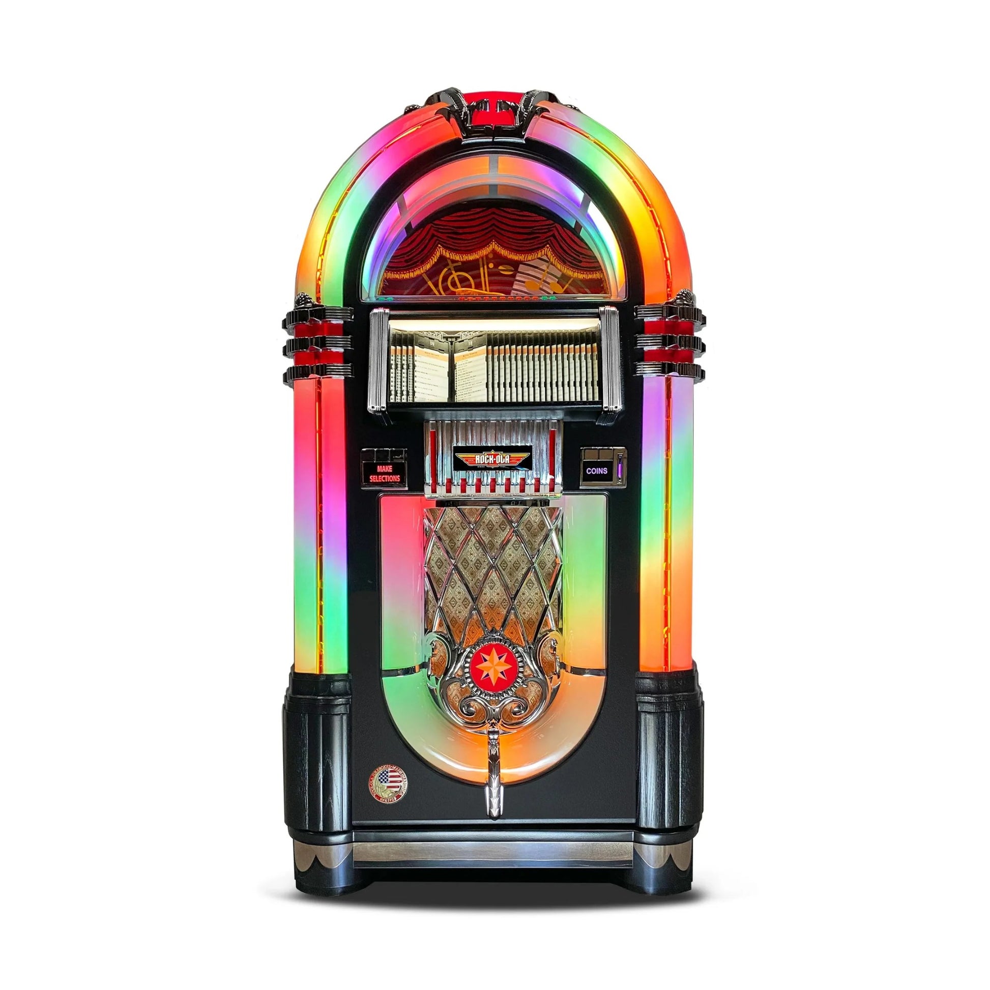 Multicolored vintage-style jukebox on a white background