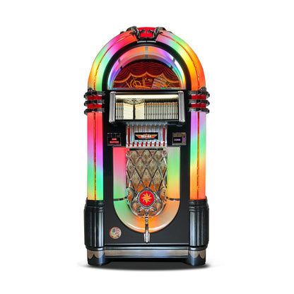 Multicolored vintage-style jukebox on a white background