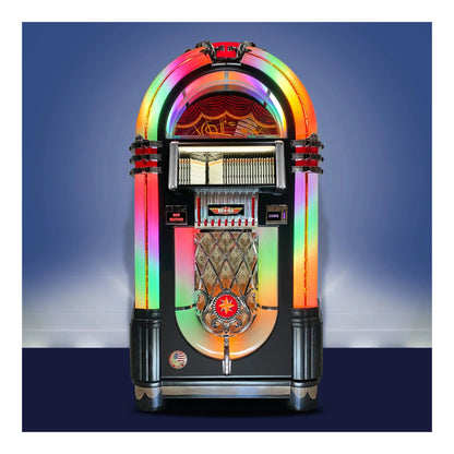 Colorful vintage-style jukebox against a blue gradient background