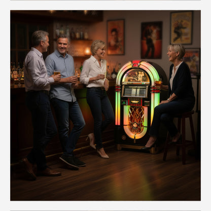 People socializing in a bar with a vintage jukebox.