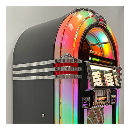 Vintage-style jukebox with colorful arch and metallic accents on a gray background