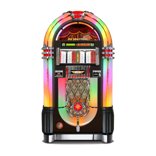 Colorful vintage-style jukebox on a white background