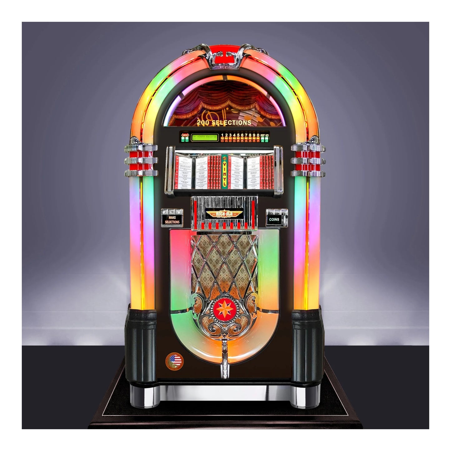Colorful vintage-style jukebox with a vibrant rainbow light display on a dark background