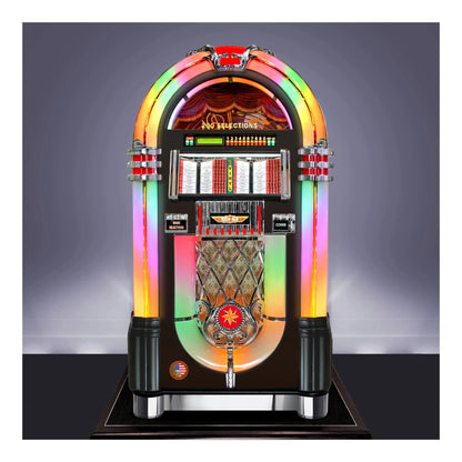 Colorful vintage-style jukebox with a vibrant rainbow light display on a dark background