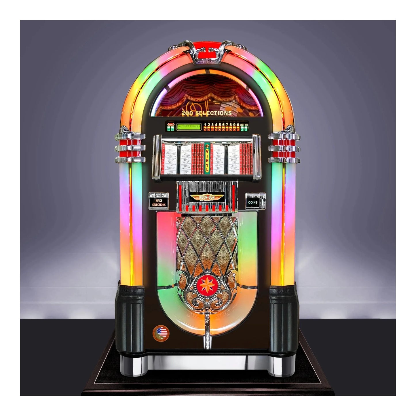 Colorful vintage-style jukebox with a vibrant rainbow light display on a dark background
