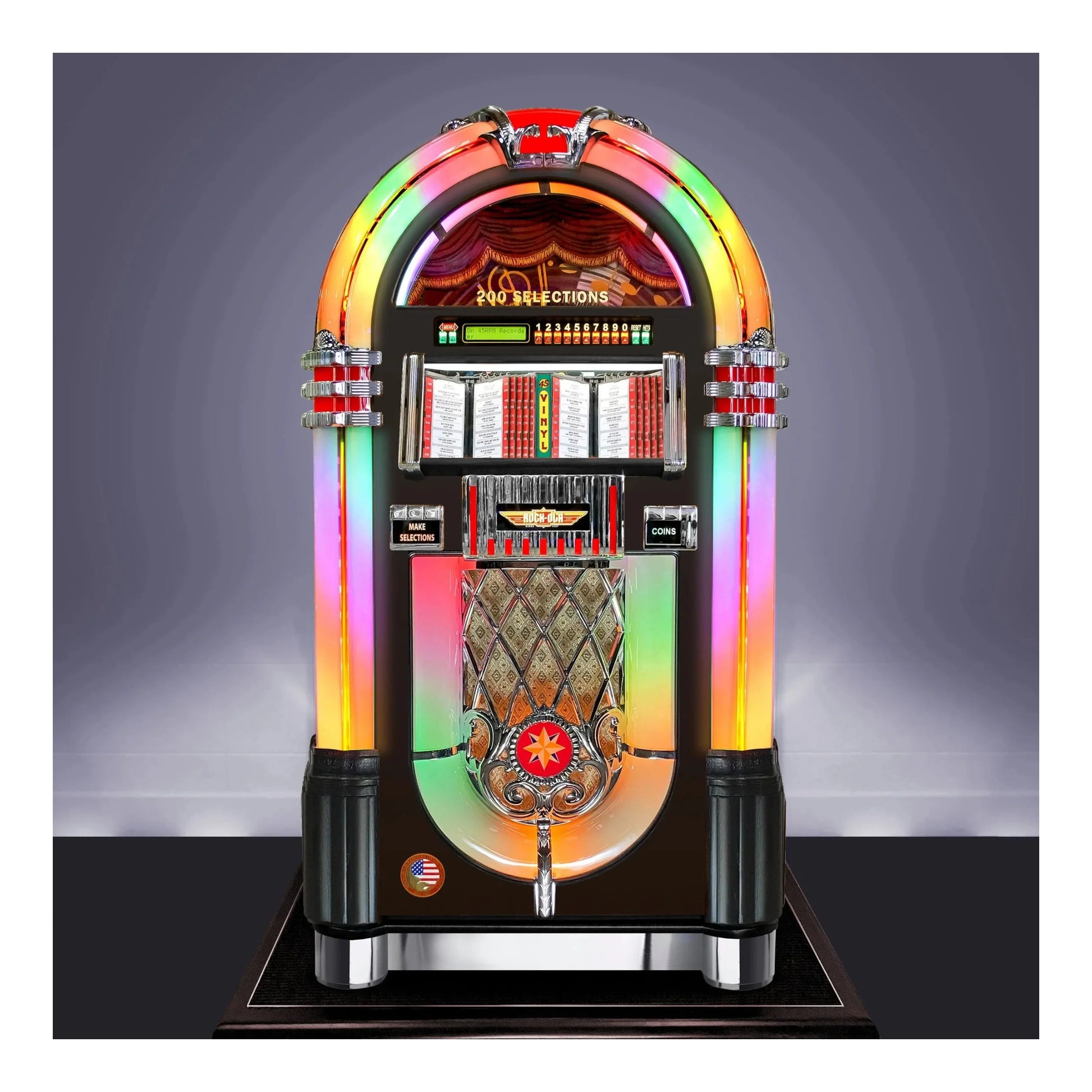 Colorful vintage-style jukebox with a vibrant rainbow light display on a dark background