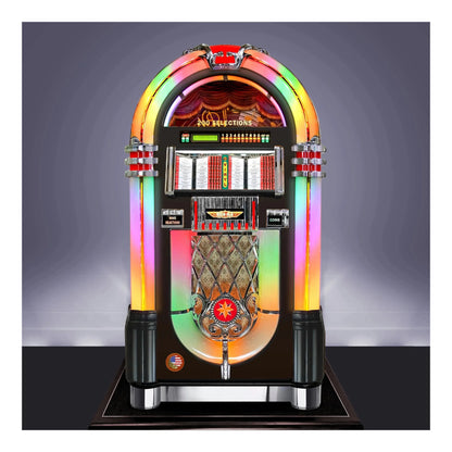 Colorful vintage-style jukebox with a vibrant rainbow light display on a dark background