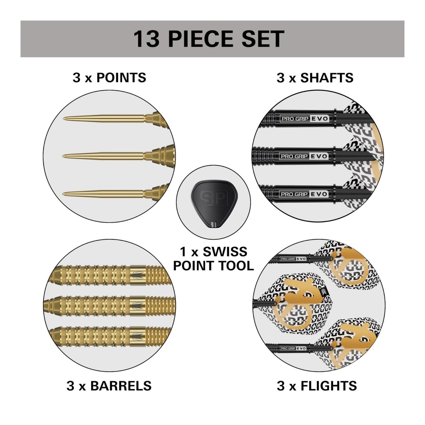 13-piece dart set with points, shafts, barrels, flights, and a Swiss point tool on a white background.
